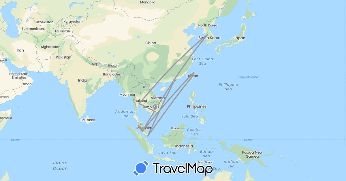 TravelMap itinerary: plane in China, South Korea, Malaysia, Singapore, Thailand, Taiwan, Vietnam (Asia)
